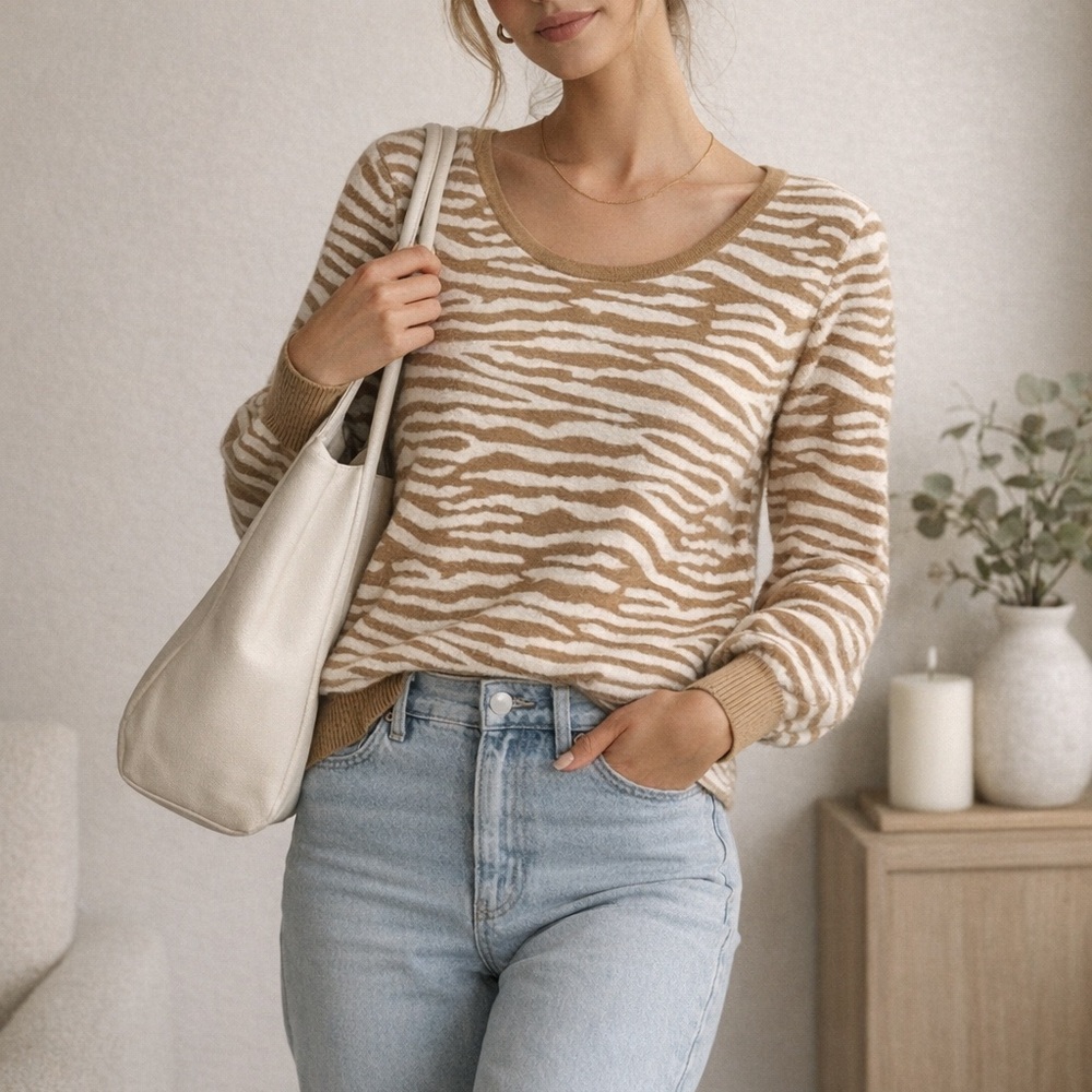 Nine West XS Zebra Animal Print Balloon Sleeve Scoopneck Cozy Sweater Neutral